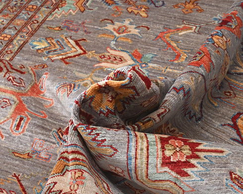 Gray 8x10 Kazak Afghan Hand Knotted Geometric Wool Area Rug