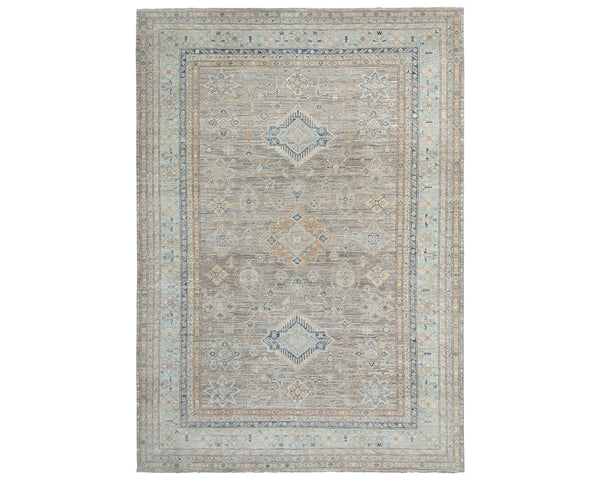 9x12 Ft Kazak Gray Blue Afghan Handmade Geometric Wool Area Rug