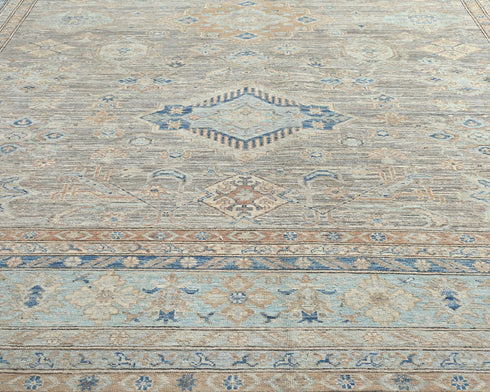 9x12 Ft Kazak Gray Blue Afghan Handmade Geometric Wool Area Rug