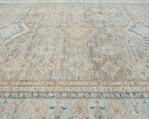 9x12 Ft Kazak Gray Blue Afghan Handmade Geometric Wool Area Rug