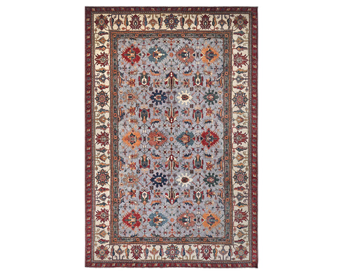 9x12 Ft Gray Kazak Afghan Hand Knotted Geometric Wool Area Rug