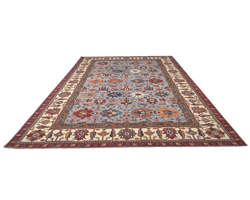 9x12 Ft Gray Kazak Afghan Hand Knotted Geometric Wool Area Rug