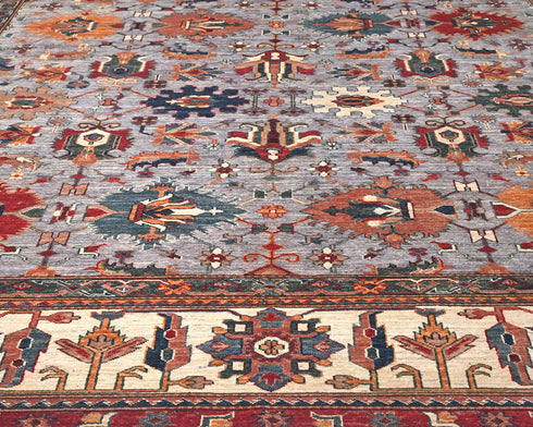 9x12 Ft Gray Kazak Afghan Hand Knotted Geometric Wool Area Rug