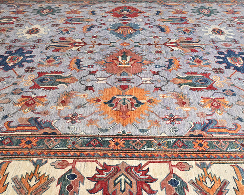 9x12 Ft Gray Kazak Afghan Hand Knotted Geometric Wool Area Rug