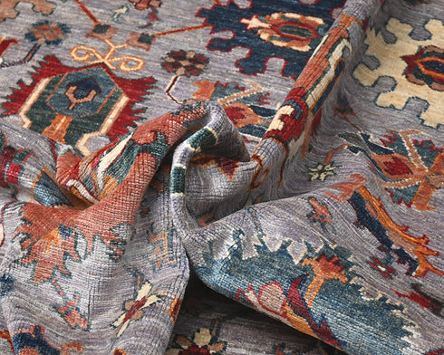 9x12 Ft Gray Kazak Afghan Hand Knotted Geometric Wool Area Rug