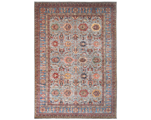10x13 Gray Kazak Afghan Hand Knotted Geometric Wool Area Rug