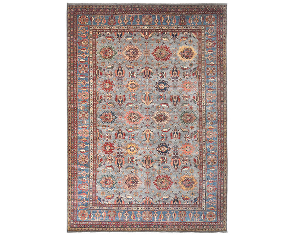 10x13 Gray Kazak Afghan Hand Knotted Geometric Wool Area Rug