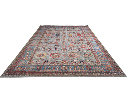 10x13 Gray Kazak Afghan Hand Knotted Geometric Wool Area Rug