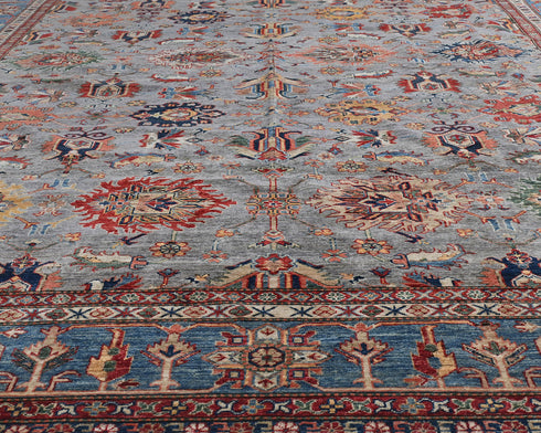 10x13 Gray Kazak Afghan Hand Knotted Geometric Wool Area Rug