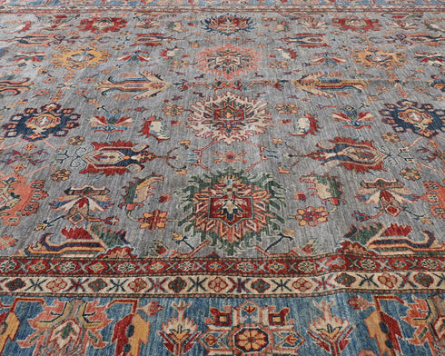 10x13 Gray Kazak Afghan Hand Knotted Geometric Wool Area Rug