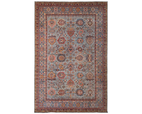 10x14 Gray Kazak Afghan Hand Knotted Geometric Wool Area Rug