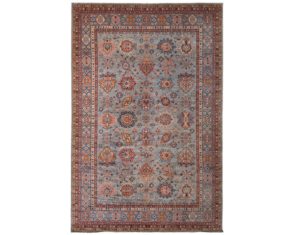 10x14 Gray Kazak Afghan Hand Knotted Geometric Wool Area Rug