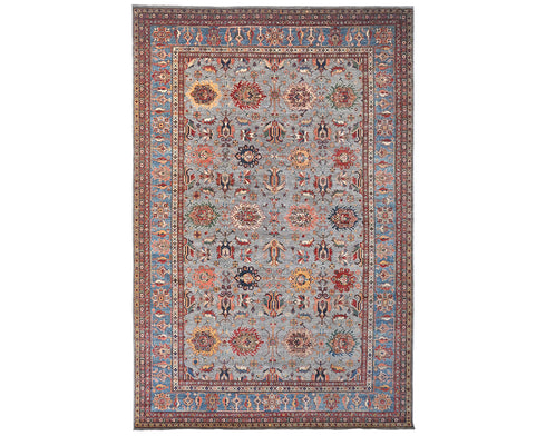 10x13 Gray Kazak Afghan Hand Knotted Geometric Wool Area Rug