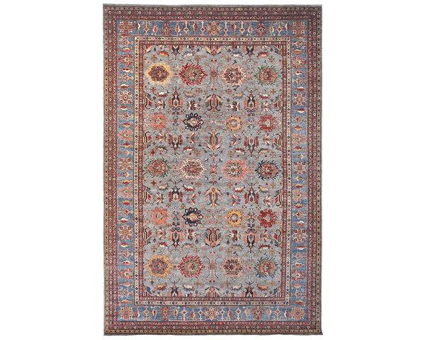 10x13 Gray Kazak Afghan Hand Knotted Geometric Wool Area Rug