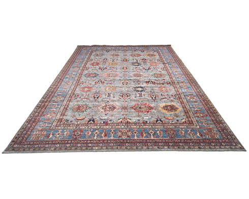 10x13 Gray Kazak Afghan Hand Knotted Geometric Wool Area Rug