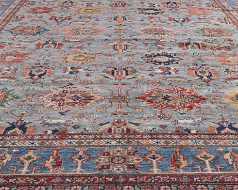 10x13 Gray Kazak Afghan Hand Knotted Geometric Wool Area Rug