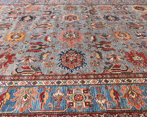 10x13 Gray Kazak Afghan Hand Knotted Geometric Wool Area Rug