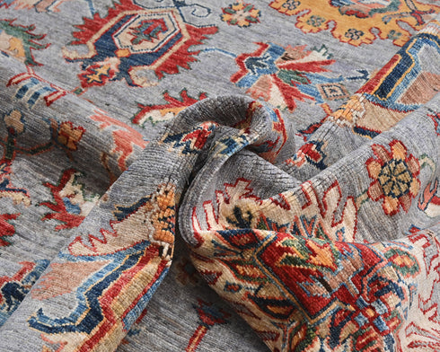 10x13 Gray Kazak Afghan Hand Knotted Geometric Wool Area Rug