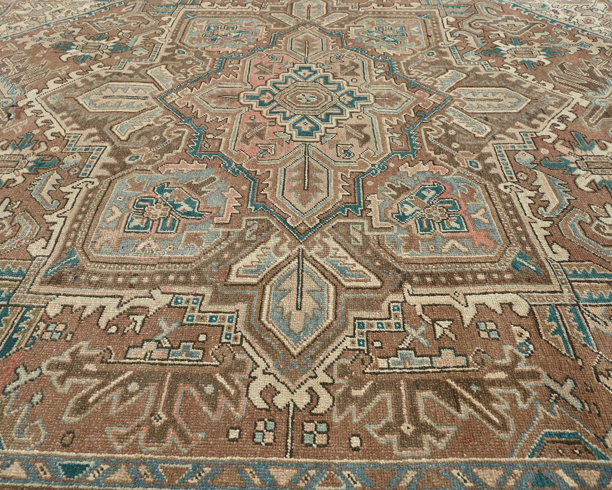 Alfombra de lana anudada a mano estilo persa vintage Heriz marrón de 9 x 12 pulgadas