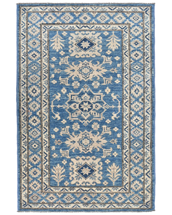 3x5 Feet Blue Kazak Afghan Hand Knotted Geometric Wool Area Rug
