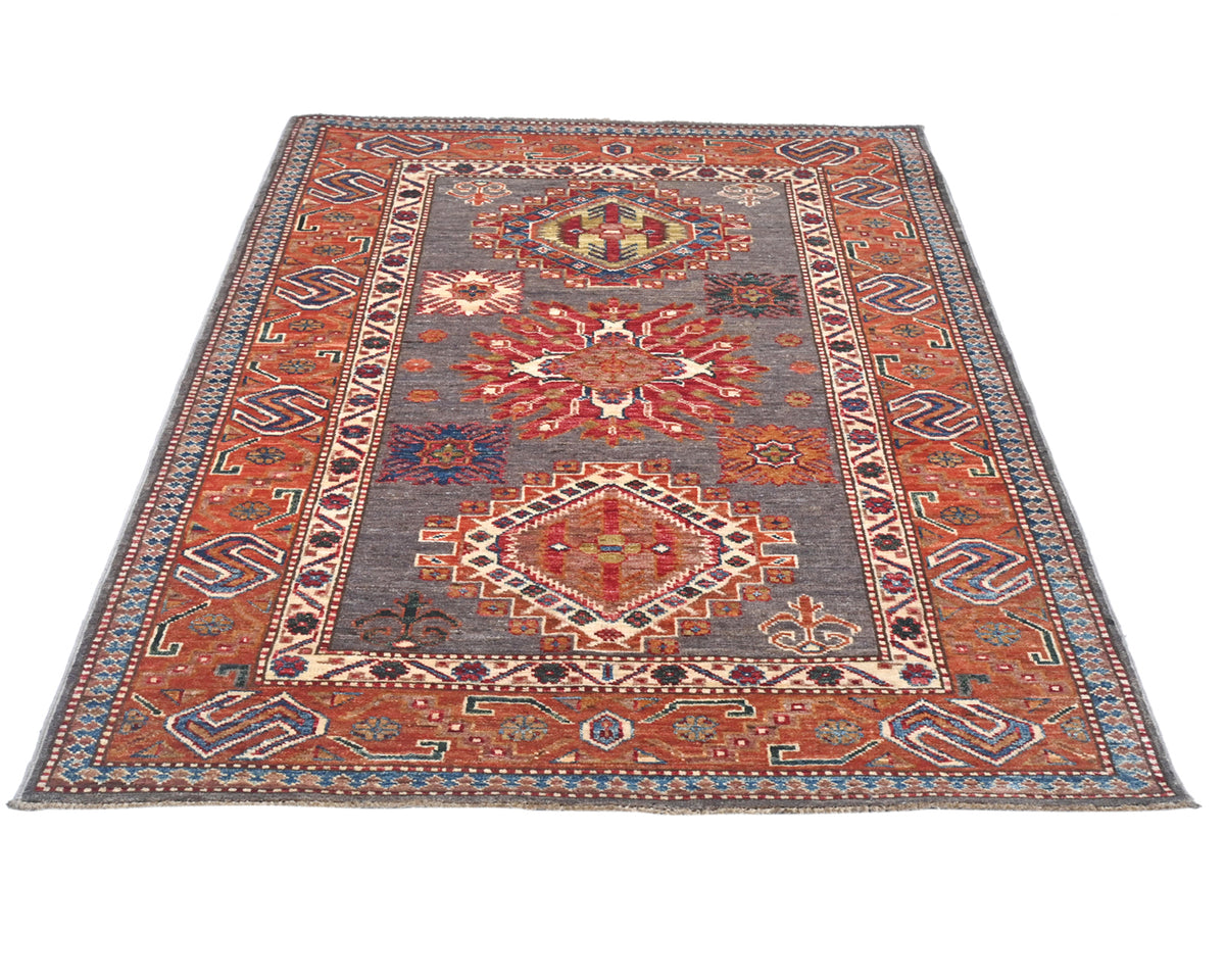 3x5 Gray Rust Kazak Afghan Hand Knotted Traditional Wool Area Rug