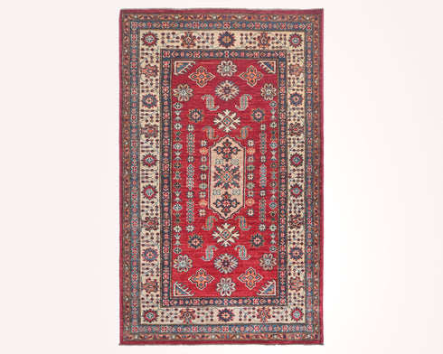 Red 3x5 Kazak Afghan Hand Knotted Geometric Wool Area Rug