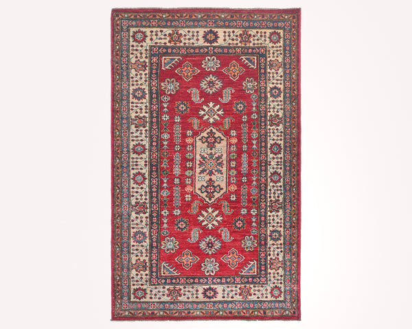 Red 3x5 Kazak Afghan Hand Knotted Geometric Wool Area Rug