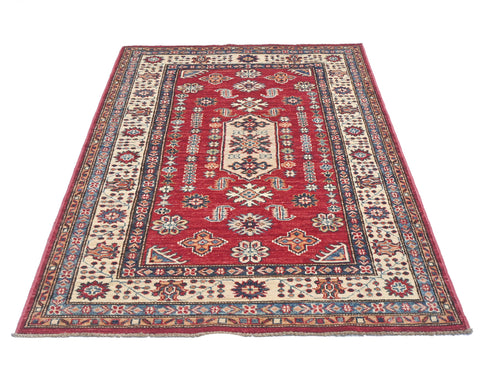 Red 3x5 Kazak Afghan Hand Knotted Geometric Wool Area Rug