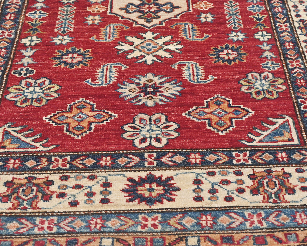 Red 3x5 Kazak Afghan Hand Knotted Geometric Wool Area Rug