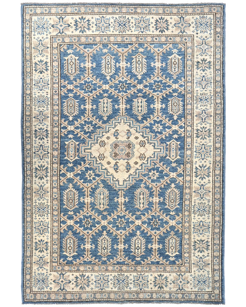 Kazak 4x6 Feet Blue Beige Afghan Hand Knotted Geometric Wool Area Rug