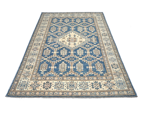 Kazak 4x6 Feet Blue Beige Afghan Hand Knotted Geometric Wool Area Rug