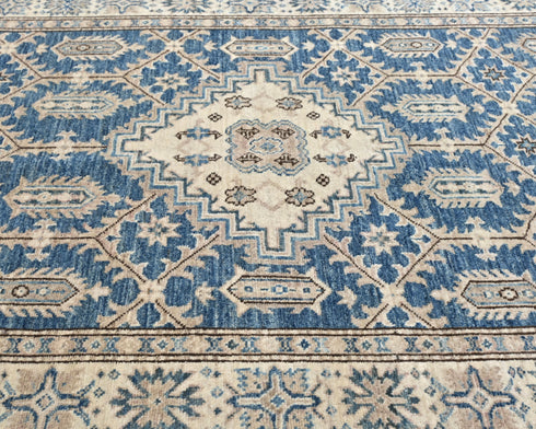 Kazak 4x6 Feet Blue Beige Afghan Hand Knotted Geometric Wool Area Rug