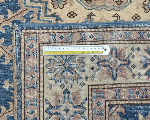 Kazak 4x6 Feet Blue Beige Afghan Hand Knotted Geometric Wool Area Rug