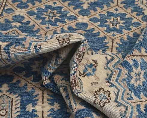 Kazak 4x6 Feet Blue Beige Afghan Hand Knotted Geometric Wool Area Rug