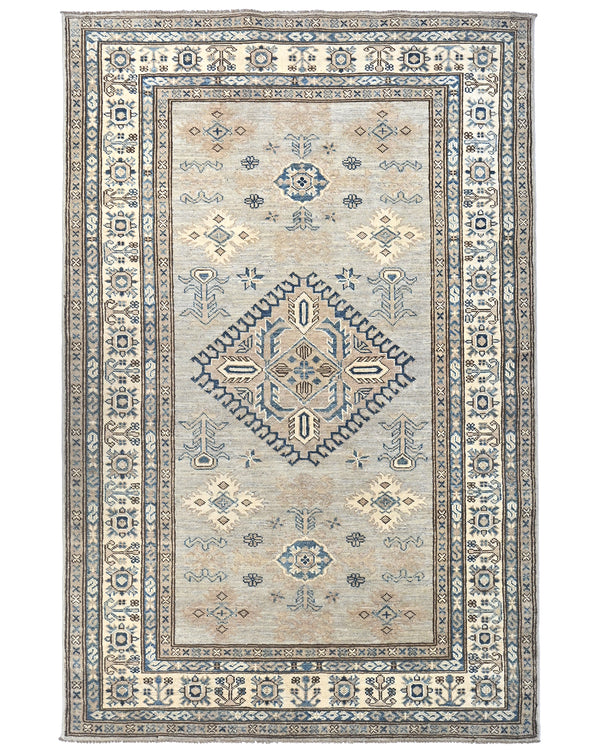 4x6 Ft Kazak Gray Blue Afghan Handmade Geometric Wool Area Rug
