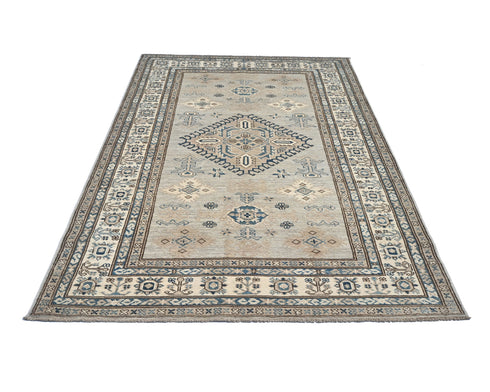 4x6 Ft Kazak Gray Blue Afghan Handmade Geometric Wool Area Rug