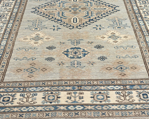 4x6 Ft Kazak Gray Blue Afghan Handmade Geometric Wool Area Rug