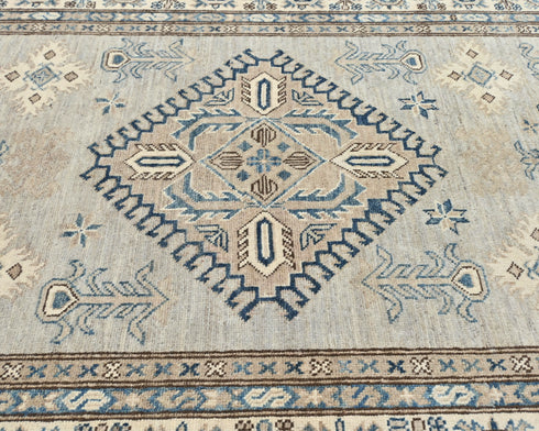 4x6 Ft Kazak Gray Blue Afghan Handmade Geometric Wool Area Rug