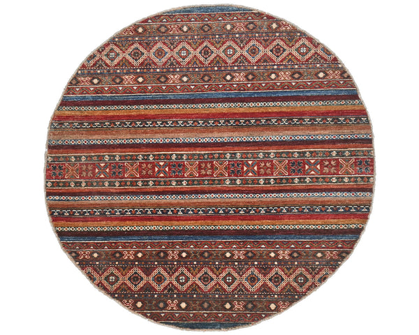 4x4 Multicolor Khurgeen Afghan Hand Knotted Round Wool Area Rug