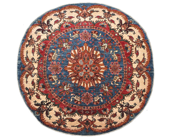 6x6 Blue Khurgeen Afghan Hand Knotted Round Wool Area Rug