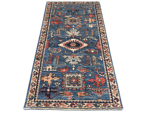 6 Ft Blue Aryana Afghan Hand Knotted Veg Dye Wool Runner Rug