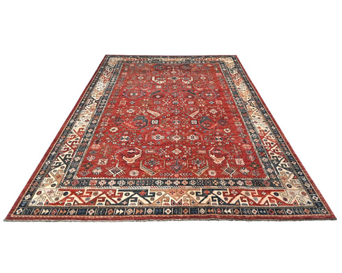 Alfombra afgana Aryana roja de lana teñida con vegetales, anudada a mano, de 9 x 12 pulgadas