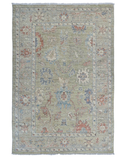 4x6 Ft Olive Green Oushak Turkish Floral Traditional Veg Dye Wool Area Rug