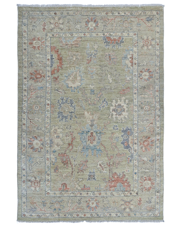 4x6 Ft Olive Green Oushak Turkish Floral Traditional Veg Dye Wool Area Rug