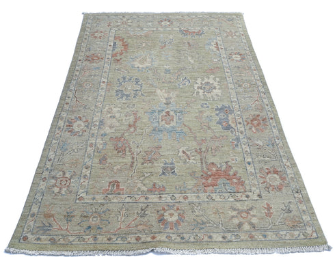 4x6 Ft Olive Green Oushak Turkish Floral Traditional Veg Dye Wool Area Rug
