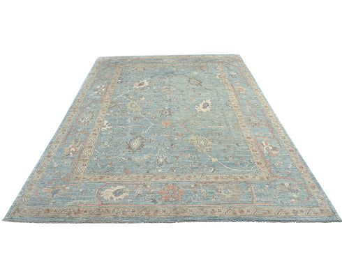 Muted Blue Oushak Turkish Hand Knotted Traditional 9x12 Wool Area Rug