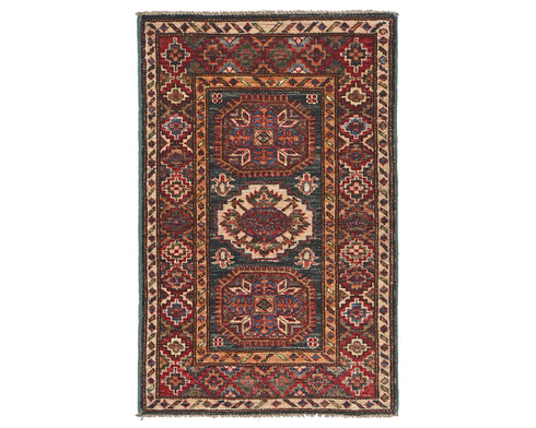 2x3 Green Kazak Afghan Hand Knotted Wool Area Rug