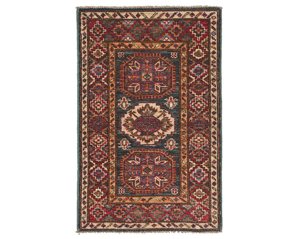 2x3 Green Kazak Afghan Hand Knotted Wool Area Rug