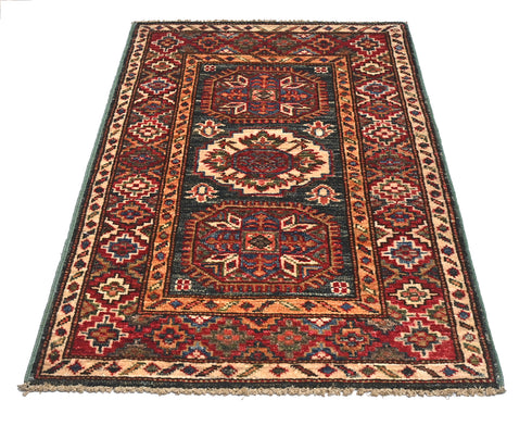 2x3 Green Kazak Afghan Hand Knotted Wool Area Rug