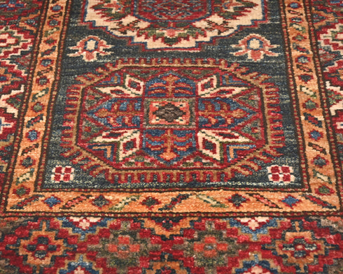 2x3 Green Kazak Afghan Hand Knotted Wool Area Rug